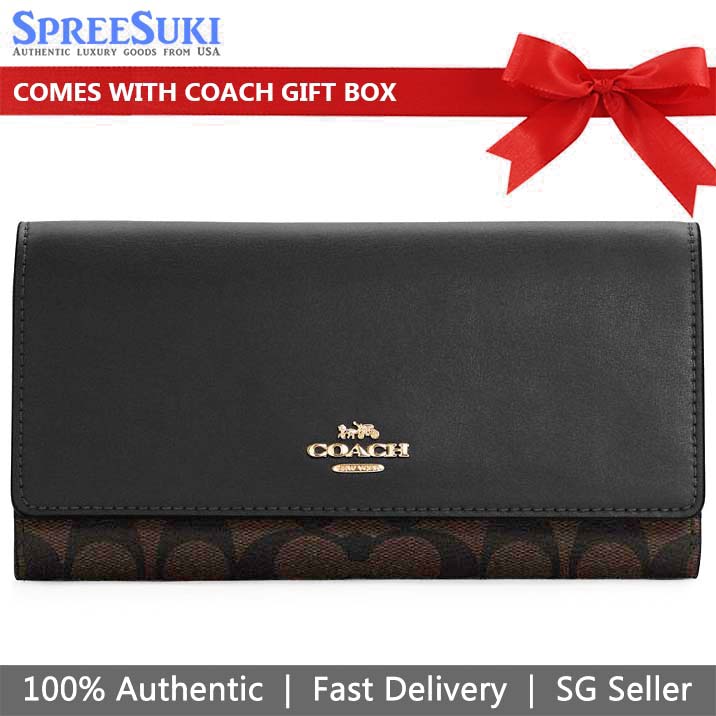 Coach Wallet In Gift Box Long Wallet Slim Trifold Wallet In Signature Canvas Brown Black # C5966
