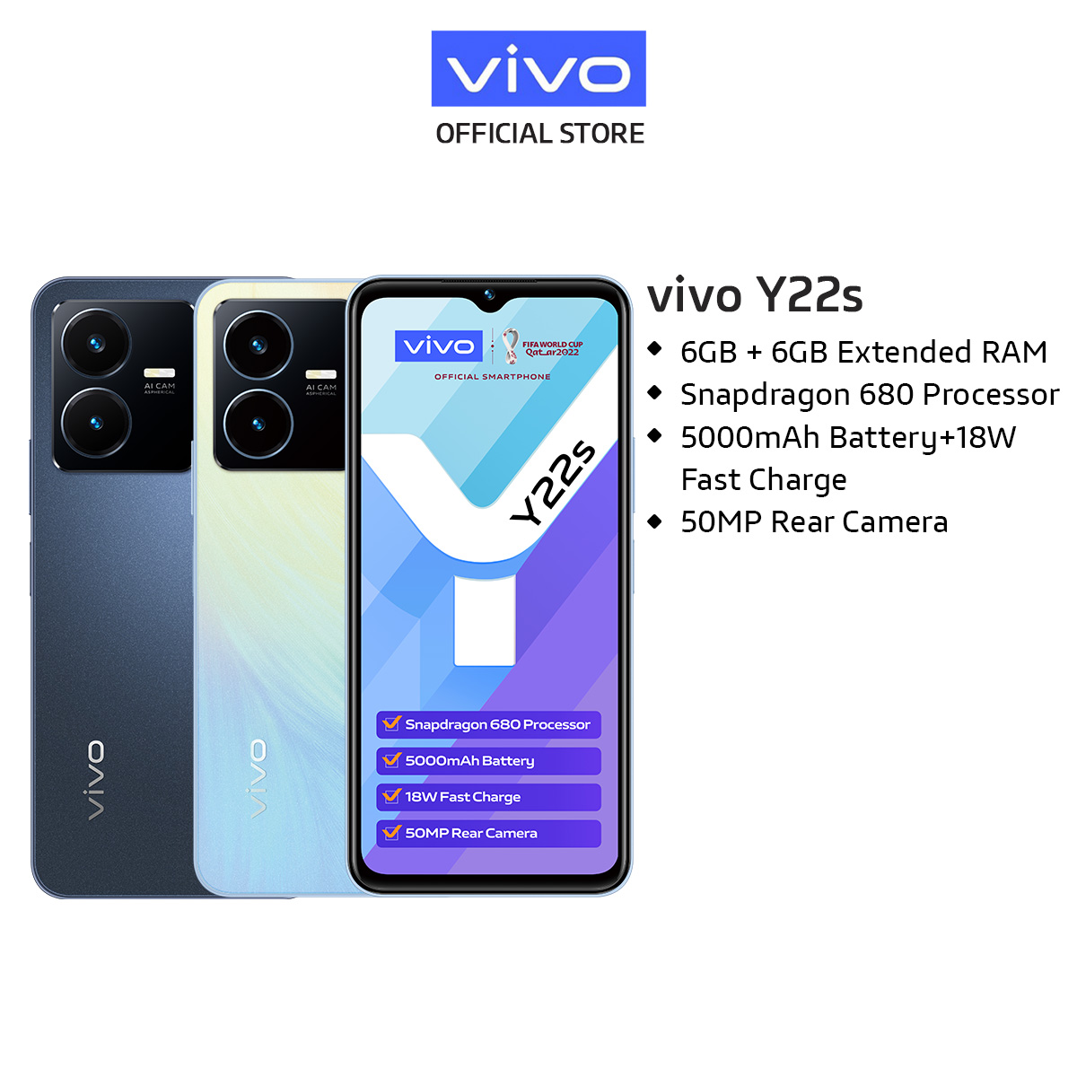 vivo Y22s [6GB + 6GB Extended RAM] / 5000mAH + 18W Fast Charge / 50MP Rear Camera