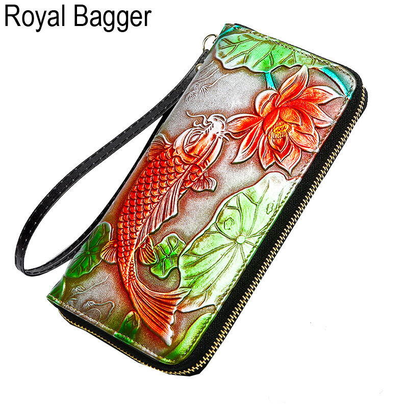 Royal Bagger New Fashion Zipper Long Wallet Purse For Women Genuine Cow Leather Retro Clutch Bag Munti-Card Position Phone Bag