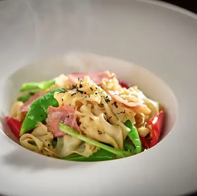 Stir-fried Hydnum Mushrooms with Black Truffle and Norton Ham