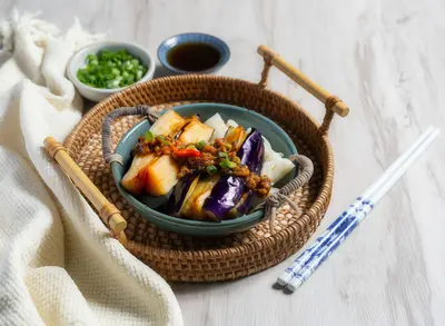 Spicy Eggplant Minced Pork Rice Noodle Rolls