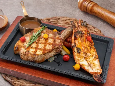 Berkshire Pork Chop with Tiger Prawn